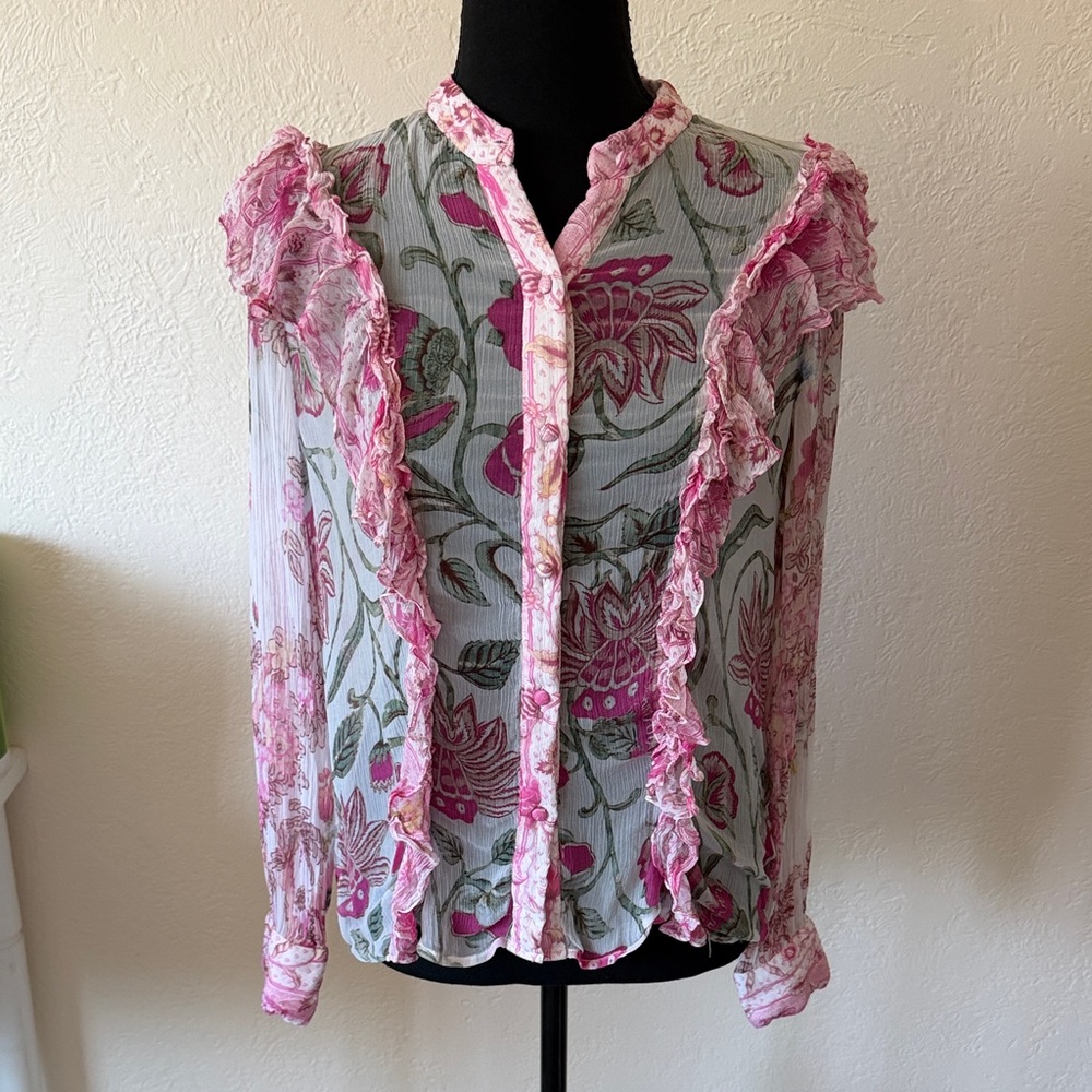 EUC HEMANT AND NANDITA Floral Ruffle Blouse - Pink and Green SIZE MED